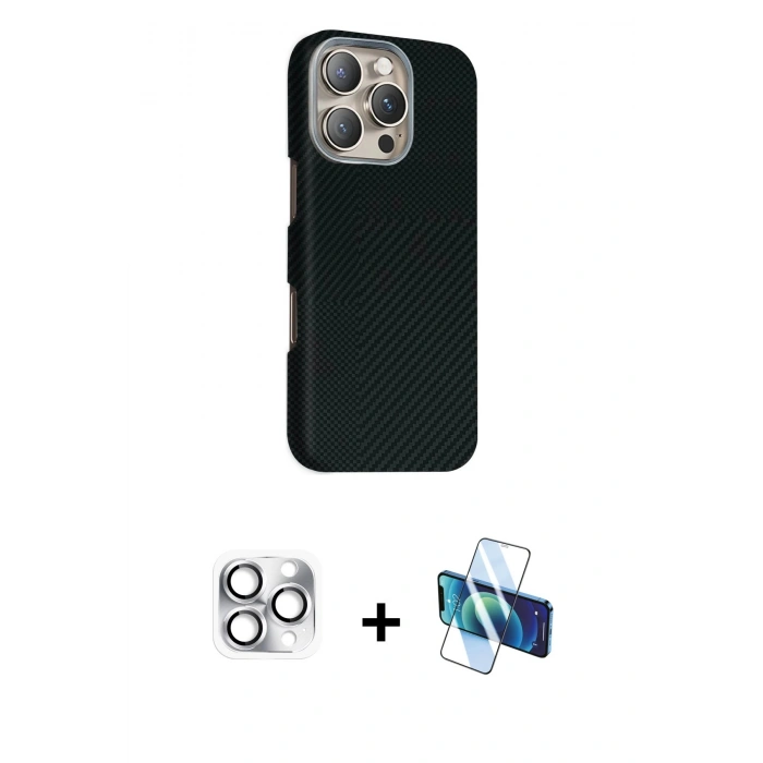 MARSİLYAN™- iPhone 16 Pro Max Kılıf Kozmos Klasik Prime - Siyah 3D Antistatik Seramik Nano Ekran Koruyucu + Pers Alüminyum Kamera Lens - GS