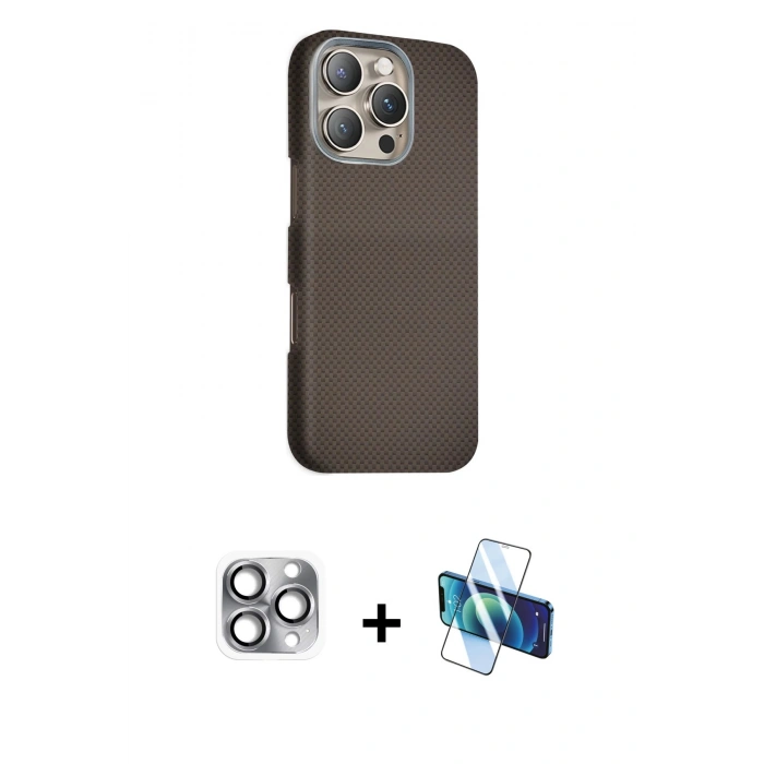 MARSİLYAN™- iPhone 16 Pro Max Kılıf Kozmos Klasik Prime - Siyah 3D Antistatik Seramik Nano Ekran Koruyucu + Gri Pers Alüminyum Kamera Lens