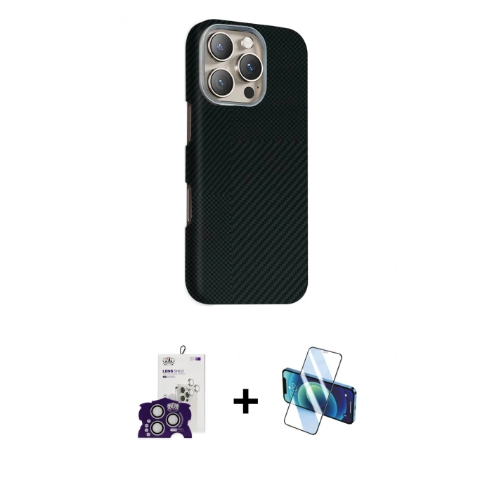 MARSİLYAN™- iPhone 16 Pro Max Kılıf Kozmos Klasik Prime - Siyah 3D Antistatik Seramik Nano Ekran Koruyucu + Bilvis Titan Kamera Lens - GS