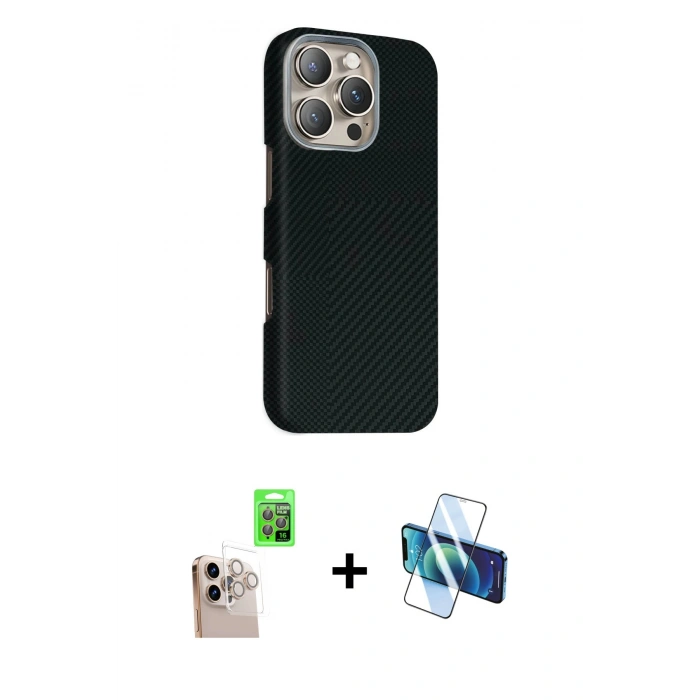 MARSİLYAN™- iPhone 16 Pro Max Kılıf Kozmos Klasik Prime - Siyah 3D Antistatik Seramik Nano Ekran Koruyucu + Raze Metal Kamera Lens - NLGY