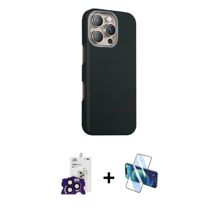 MARSİLYAN™- iPhone 16 Pro Max Kılıf Kozmos Klasik Prime - Siyah 3D Antistatik Seramik Nano Ekran Koruyucu + Bilvis Titan Kamera Lens - SH