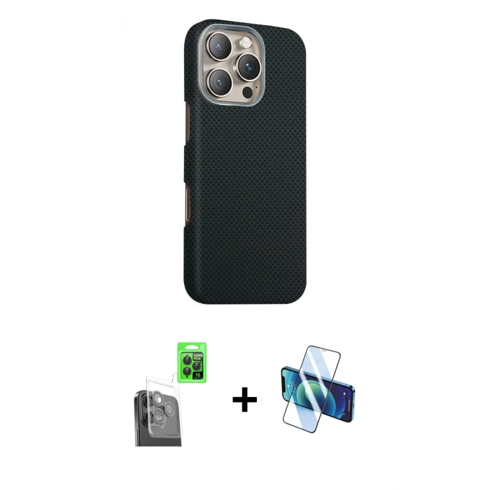 MARSİLYAN™- iPhone 16 Pro Max Kılıf Kozmos Klasik Prime - Siyah 3D Antistatik Seramik Nano Ekran Koruyucu + Raze Metal Kamera Lens - SH