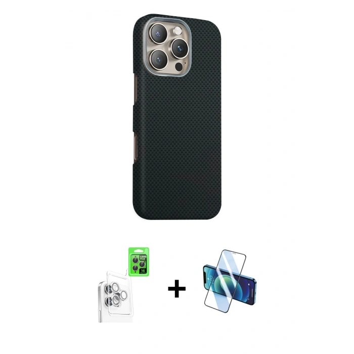 MARSİLYAN™- iPhone 16 Pro Max Kılıf Kozmos Klasik Prime - Siyah 3D Antistatik Seramik Nano Ekran Koruyucu + Raze Metal Kamera Lens - BZ