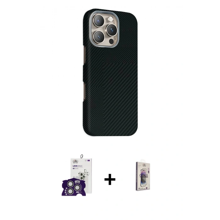 MARSİLYAN™- iPhone 16 Pro Max Kılıf Kozmos Klasik Prime - Siyah Bilvis 3D Cam Ekran Koruyucu + Bilvis Titan Kamera Lens - GS