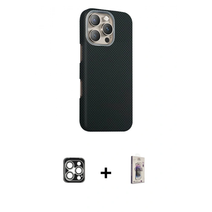 MARSİLYAN™- iPhone 16 Pro Max Kılıf Kozmos Klasik Prime - Siyah Bilvis 3D Cam Ekran Koruyucu + PVD Metal Kamera Lens - GS