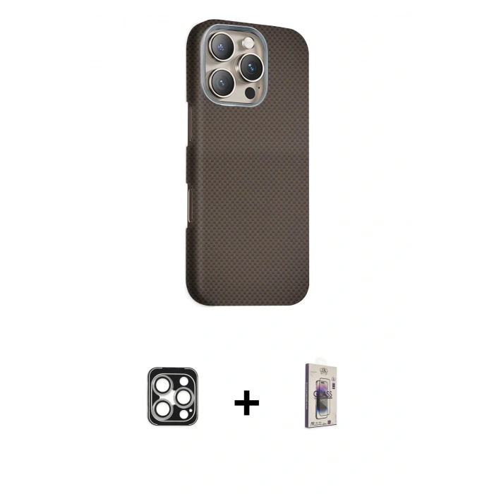 MARSİLYAN™- iPhone 16 Pro Max Kılıf Kozmos Klasik Prime - Siyah Bilvis 3D Cam Ekran Koruyucu + PVD Metal Kamera Lens - GS