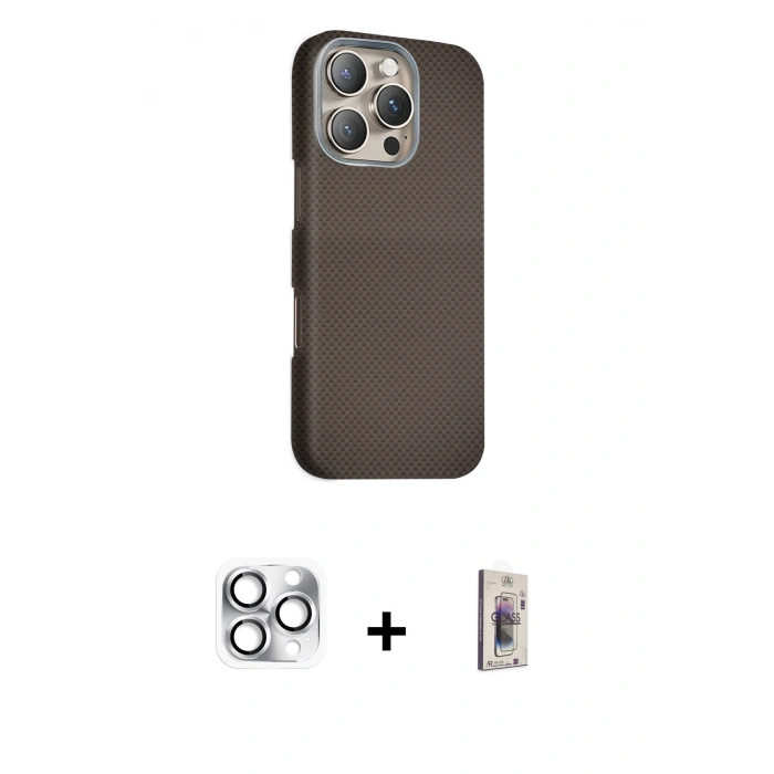 MARSİLYAN™- iPhone 16 Pro Max Kılıf Kozmos Klasik Prime - Siyah Bilvis 3D Cam Ekran Koruyucu + Pers Alüminyum Kamera Lens - GS