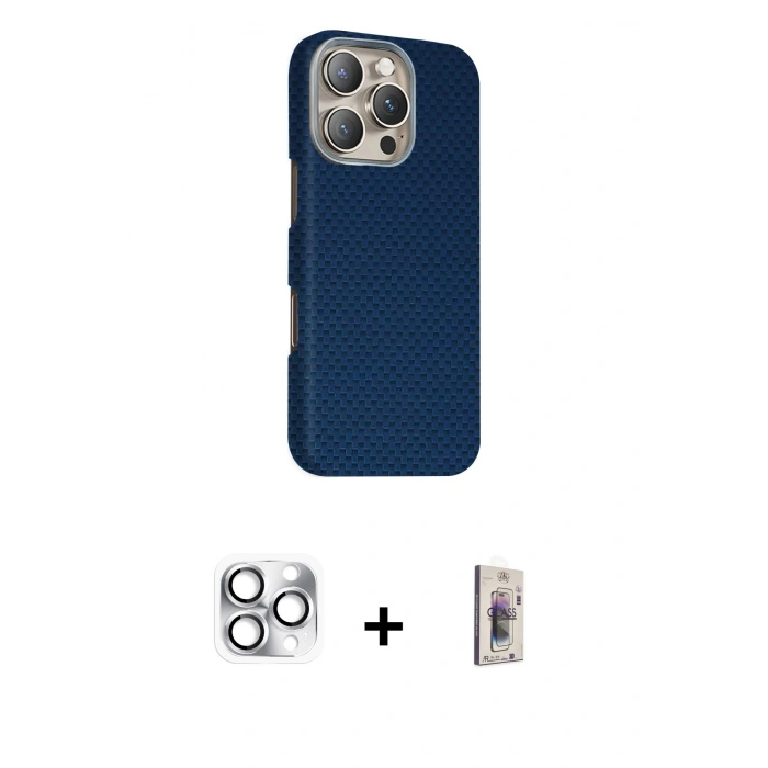 MARSİLYAN™- iPhone 16 Pro Max Kılıf Kozmos Klasik Prime - Siyah Bilvis 3D Cam Ekran Koruyucu + Pers Alüminyum Kamera Lens - GS