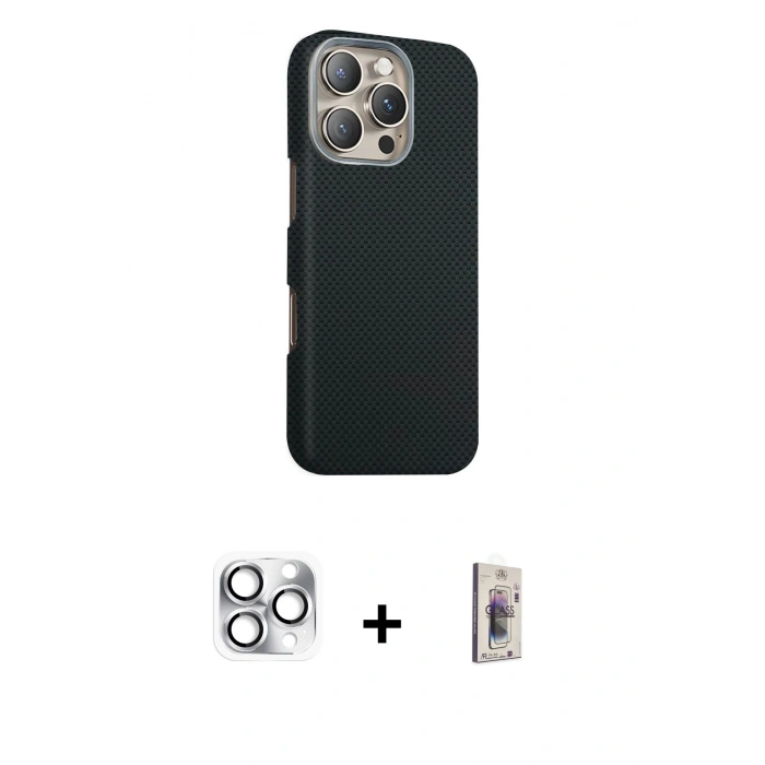 MARSİLYAN™- iPhone 16 Pro Max Kılıf Kozmos Klasik Prime - Siyah Bilvis 3D Cam Ekran Koruyucu + Pers Alüminyum Kamera Lens - GS