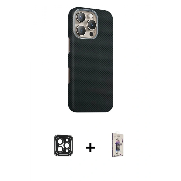 MARSİLYAN™- iPhone 16 Pro Max Kılıf Kozmos Klasik Prime - Siyah Bilvis 3D Cam Ekran Koruyucu + PVD Metal Kamera Lens - SH