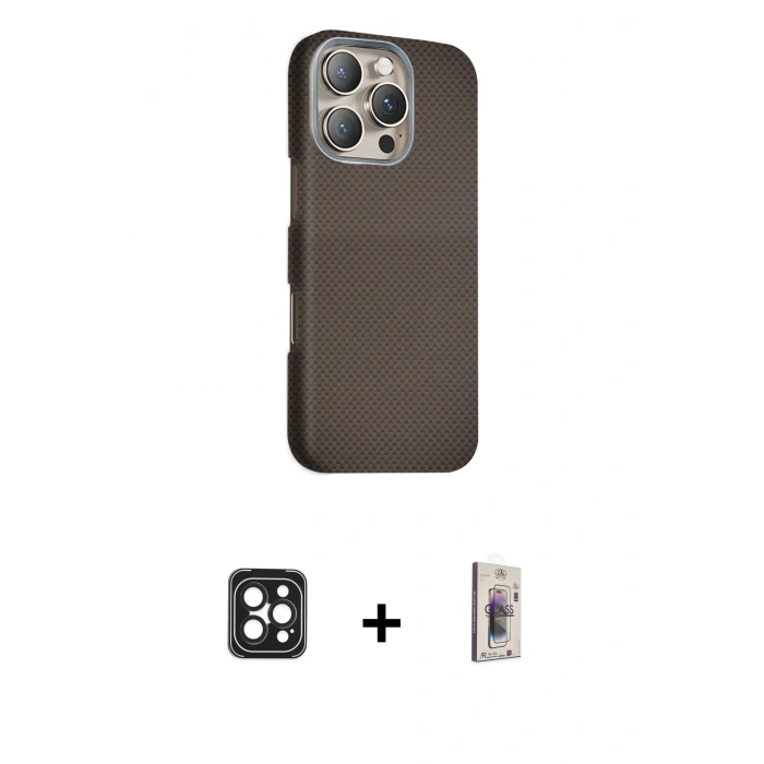 MARSİLYAN™- iPhone 16 Pro Max Kılıf Kozmos Klasik Prime - Siyah Bilvis 3D Cam Ekran Koruyucu + PVD Metal Kamera Lens - SH