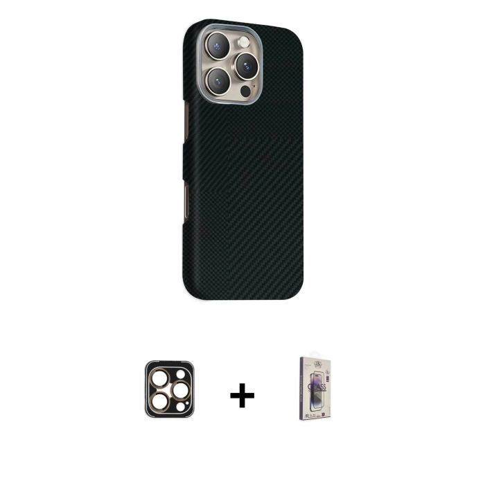 MARSİLYAN™- iPhone 16 Pro Max Kılıf Kozmos Klasik Prime - Siyah Bilvis 3D Cam Ekran Koruyucu + PVD Metal Kamera Lens - GD