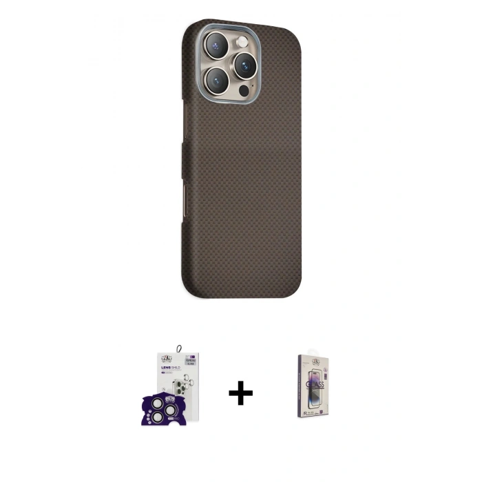 MARSİLYAN™- iPhone 16 Pro Max Kılıf Kozmos Klasik Prime - Siyah Bilvis 3D Cam Ekran Koruyucu + Titanyum Gri Bilvis Titan Kamera Lens