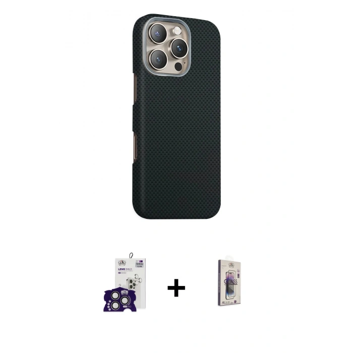 MARSİLYAN™- iPhone 16 Pro Max Kılıf Kozmos Klasik Prime - Siyah Bilvis 3D Cam Ekran Koruyucu + Titanyum Gri Bilvis Titan Kamera Lens