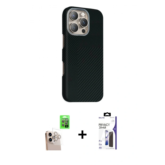 MARSİLYAN™- iPhone 16 Pro Max Kılıf Kozmos Klasik Prime - Siyah Bilvis 3X AR Hayalet Cam Ekran Koruyucu + Raze Metal Kamera Lens - NLGY
