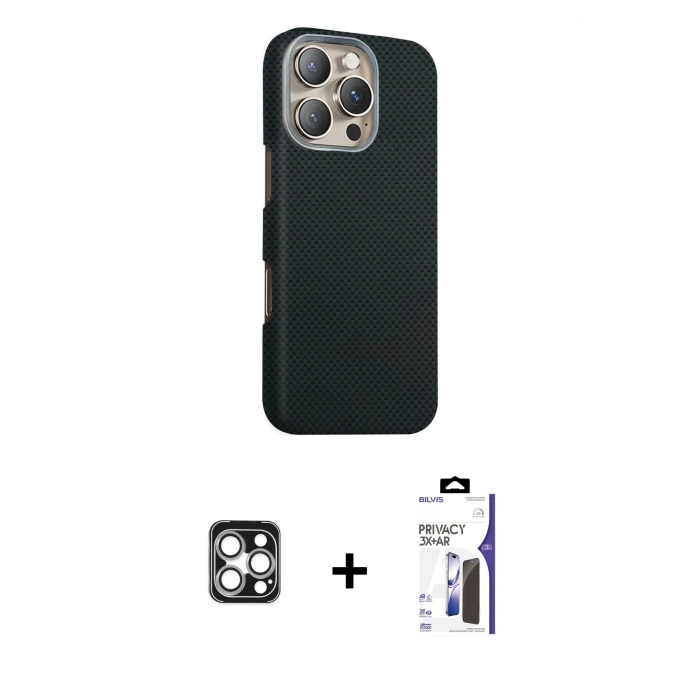MARSİLYAN™- iPhone 16 Pro Max Kılıf Kozmos Klasik Prime - Siyah Bilvis 3X AR Hayalet Cam Ekran Koruyucu + PVD Metal Kamera Lens - GS