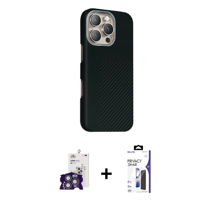 MARSİLYAN™- iPhone 16 Pro Max Kılıf Kozmos Klasik Prime - Siyah Bilvis 3X AR Hayalet Cam Ekran Koruyucu + Bilvis Titan Kamera Lens - GS