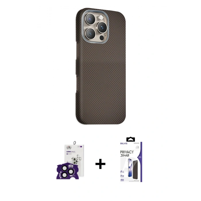 MARSİLYAN™- iPhone 16 Pro Max Kılıf Kozmos Klasik Prime - Siyah Bilvis 3X AR Hayalet Cam Ekran Koruyucu + Bilvis Titan Kamera Lens - SH