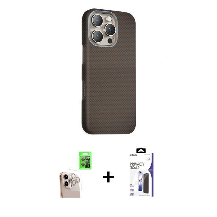 MARSİLYAN™- iPhone 16 Pro Max Kılıf Kozmos Klasik Prime - Siyah Bilvis 3X AR Hayalet Cam Ekran Koruyucu + Raze Metal Kamera Lens - NLGY