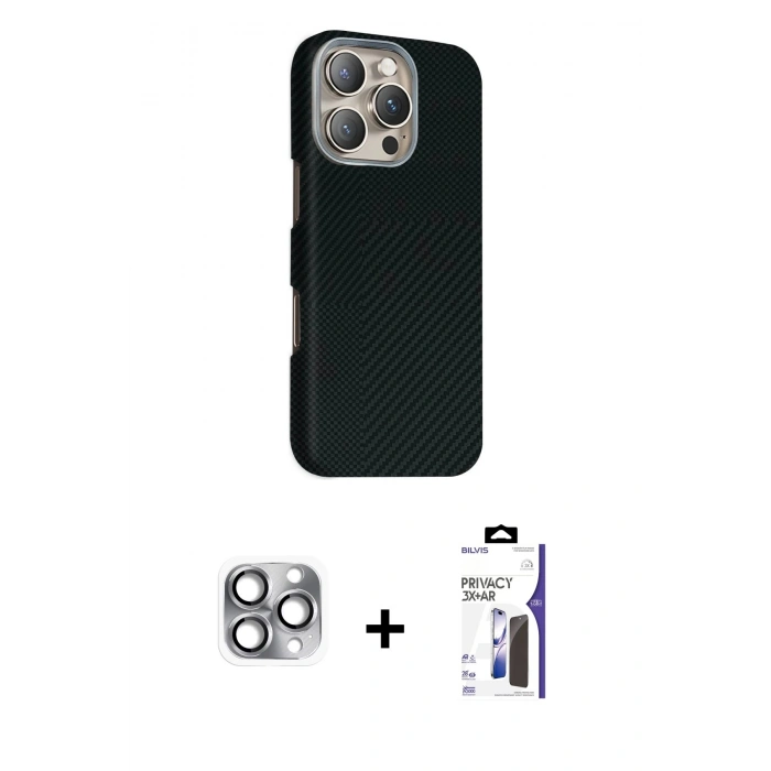 MARSİLYAN™- iPhone 16 Pro Max Kılıf Kozmos Klasik Prime - Siyah Bilvis 3X AR Hayalet Cam Ekran Koruyucu + Pers Alüminyum Kamera Lens - GI