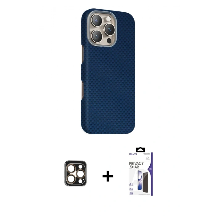 MARSİLYAN™- iPhone 16 Pro Max Kılıf Kozmos Klasik Prime - Siyah Bilvis 3X AR Hayalet Cam Ekran Koruyucu + PVD Metal Kamera Lens - GD