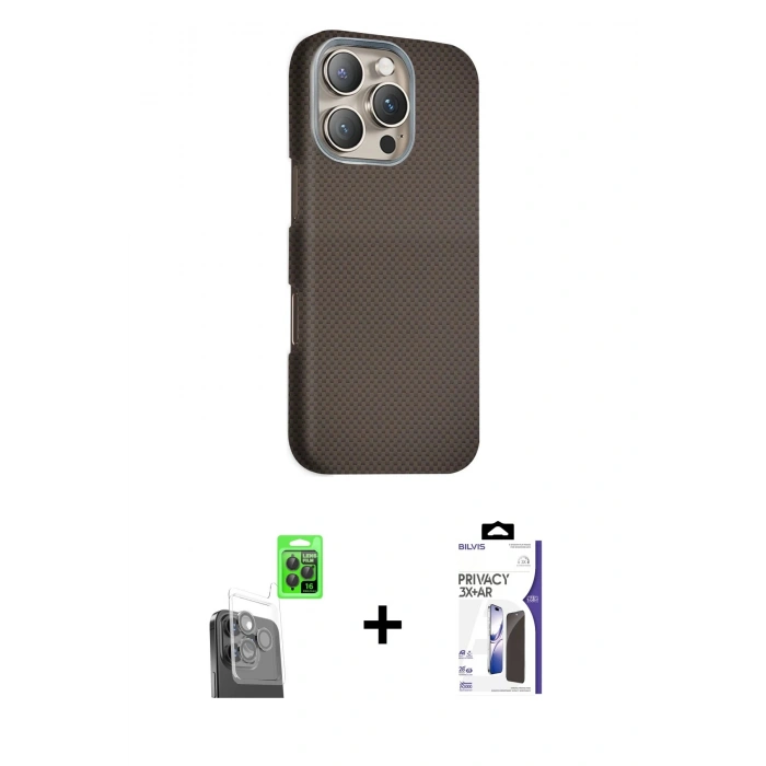 MARSİLYAN™- iPhone 16 Pro Max Kılıf Kozmos Klasik Prime - Siyah Bilvis 3X AR Hayalet Cam Ekran Koruyucu + Raze Metal Kamera Lens - SH