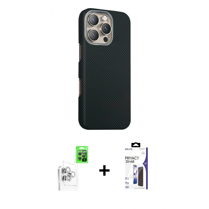MARSİLYAN™- iPhone 16 Pro Max Kılıf Kozmos Klasik Prime - Siyah Bilvis 3X AR Hayalet Cam Ekran Koruyucu + Raze Metal Kamera Lens - BZ
