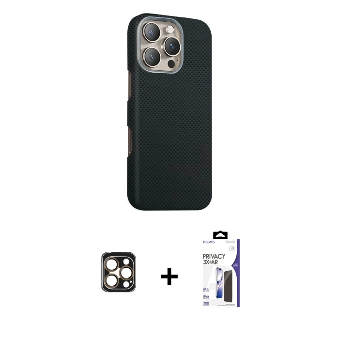 MARSİLYAN™- iPhone 16 Pro Max Kılıf Kozmos Klasik Prime - Siyah Bilvis 3X AR Hayalet Cam Ekran Koruyucu + PVD Metal Kamera Lens - GD