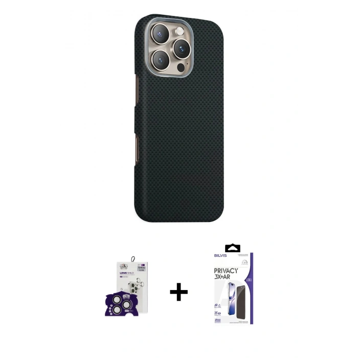 MARSİLYAN™- iPhone 16 Pro Max Kılıf Kozmos Klasik Prime - Siyah Bilvis 3X AR Hayalet Cam Ekran Koruyucu + Bilvis Titan Kamera Lens - TMGI