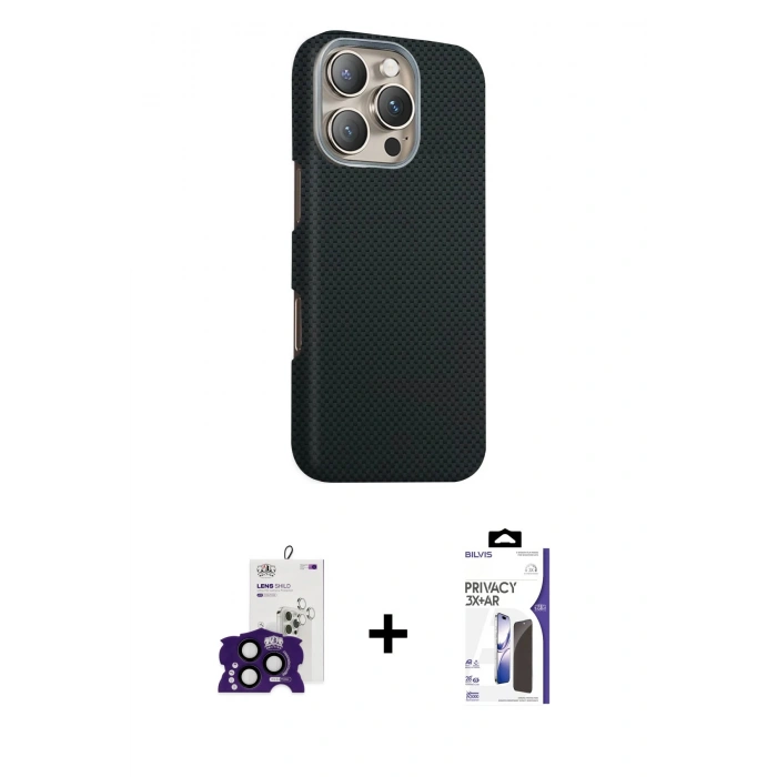 MARSİLYAN™- iPhone 16 Pro Max Kılıf Kozmos Klasik Prime - Siyah Bilvis 3X AR Hayalet Cam Ekran Koruyucu + Bilvis Titan Kamera Lens - SH