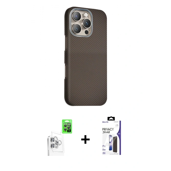MARSİLYAN™- iPhone 16 Pro Max Kılıf Kozmos Klasik Prime - Siyah Bilvis 3X AR Hayalet Cam Ekran Koruyucu + Raze Metal Kamera Lens - BZ