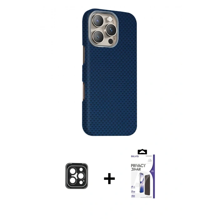 MARSİLYAN™- iPhone 16 Pro Max Kılıf Kozmos Klasik Prime - Siyah Bilvis 3X AR Hayalet Cam Ekran Koruyucu + PVD Metal Kamera Lens - SH