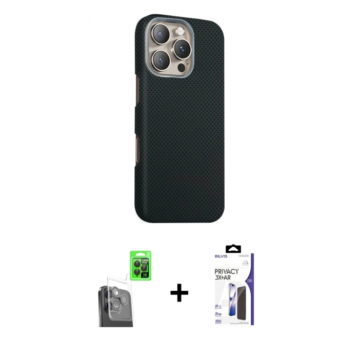 MARSİLYAN™- iPhone 16 Pro Max Kılıf Kozmos Klasik Prime - Siyah Bilvis 3X AR Hayalet Cam Ekran Koruyucu + Raze Metal Kamera Lens - SH