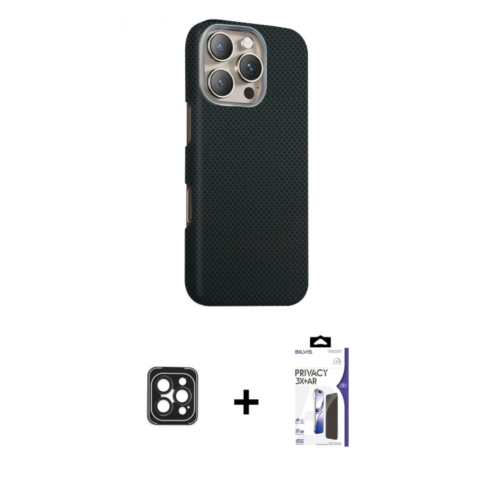 MARSİLYAN™- iPhone 16 Pro Max Kılıf Kozmos Klasik Prime - Siyah Bilvis 3X AR Hayalet Cam Ekran Koruyucu + PVD Metal Kamera Lens - SH
