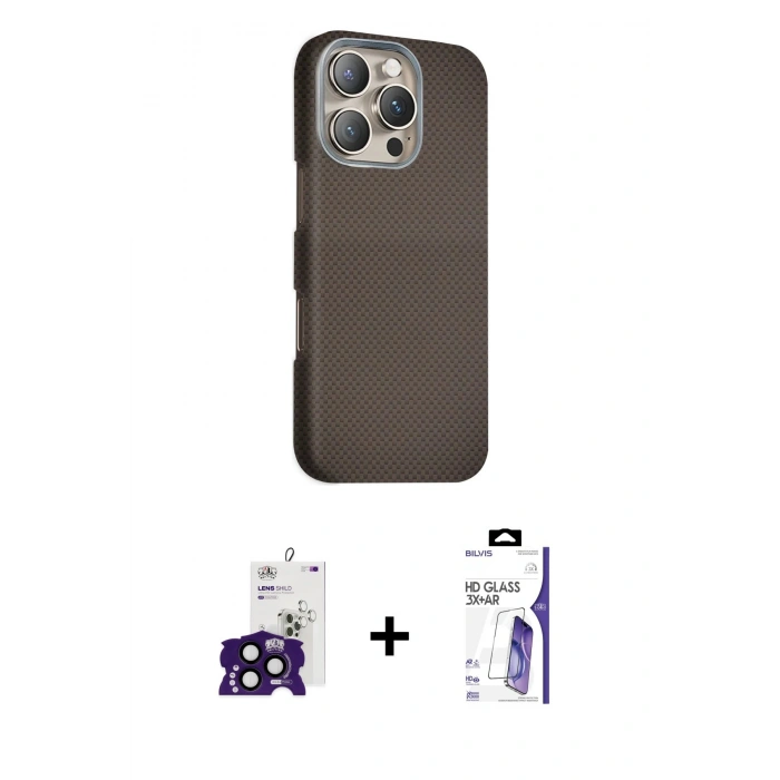 MARSİLYAN™- iPhone 16 Pro Max Kılıf Kozmos Klasik Prime - Siyah Bilvis 3X AR HD Cam Ekran Koruyucu + Bilvis Titan Kamera Lens - SH