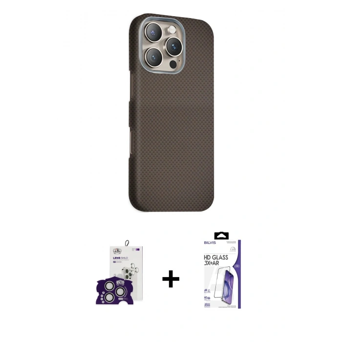 MARSİLYAN™- iPhone 16 Pro Max Kılıf Kozmos Klasik Prime - Siyah Bilvis 3X AR HD Cam Ekran Koruyucu + Bilvis Titan Kamera Lens - GS