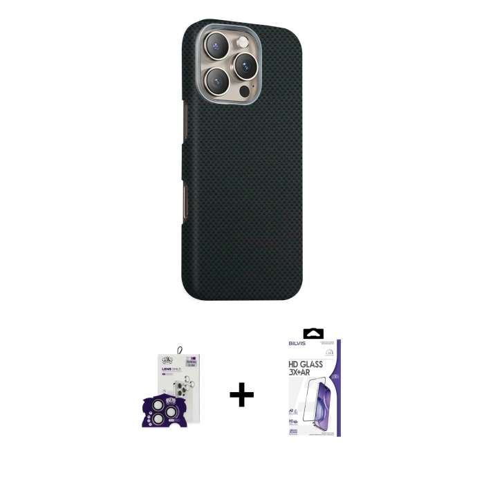 MARSİLYAN™- iPhone 16 Pro Max Kılıf Kozmos Klasik Prime - Siyah Bilvis 3X AR HD Cam Ekran Koruyucu + Bilvis Titan Kamera Lens - TMGI