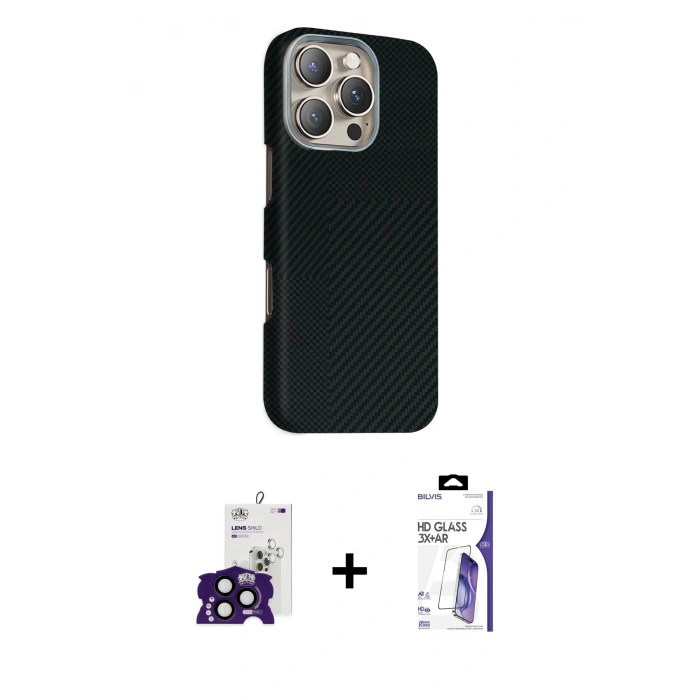 MARSİLYAN™- iPhone 16 Pro Max Kılıf Kozmos Klasik Prime - Siyah Bilvis 3X AR HD Cam Ekran Koruyucu + Bilvis Titan Kamera Lens - SH