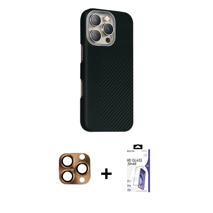 MARSİLYAN™- iPhone 16 Pro Max Kılıf Kozmos Klasik Prime - Siyah Bilvis 3X AR HD Cam Ekran Koruyucu + Pers Alüminyum Kamera Lens - CLTM