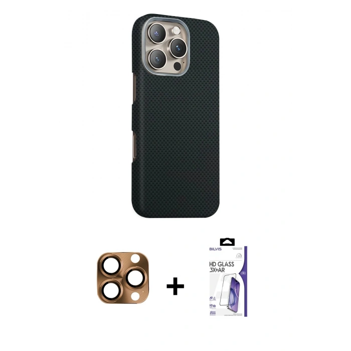 MARSİLYAN™- iPhone 16 Pro Max Kılıf Kozmos Klasik Prime - Siyah Bilvis 3X AR HD Cam Ekran Koruyucu + Pers Alüminyum Kamera Lens - CLTM