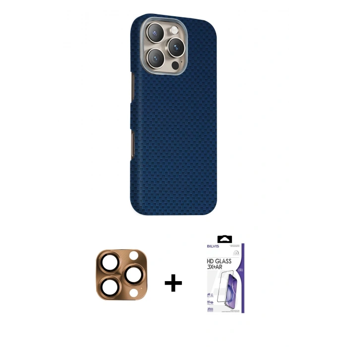 MARSİLYAN™- iPhone 16 Pro Max Kılıf Kozmos Klasik Prime - Siyah Bilvis 3X AR HD Cam Ekran Koruyucu + Pers Alüminyum Kamera Lens - CLTM