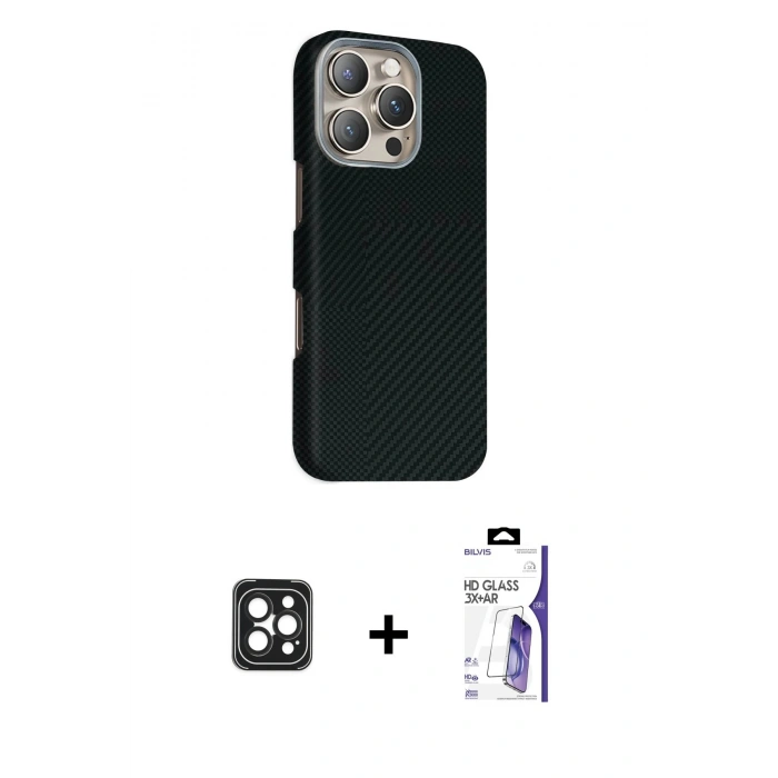 MARSİLYAN™- iPhone 16 Pro Max Kılıf Kozmos Klasik Prime - Siyah Bilvis 3X AR HD Cam Ekran Koruyucu + PVD Metal Kamera Lens - SH