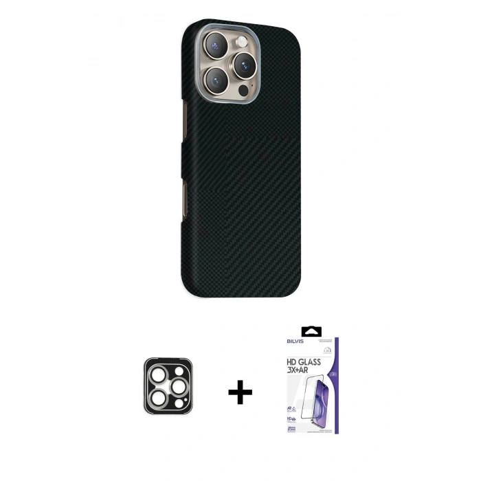 MARSİLYAN™- iPhone 16 Pro Max Kılıf Kozmos Klasik Prime - Siyah Bilvis 3X AR HD Cam Ekran Koruyucu + PVD Metal Kamera Lens - GS