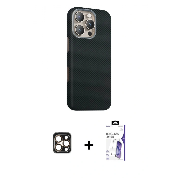 MARSİLYAN™- iPhone 16 Pro Max Kılıf Kozmos Klasik Prime - Siyah Bilvis 3X AR HD Cam Ekran Koruyucu + PVD Metal Kamera Lens - GD