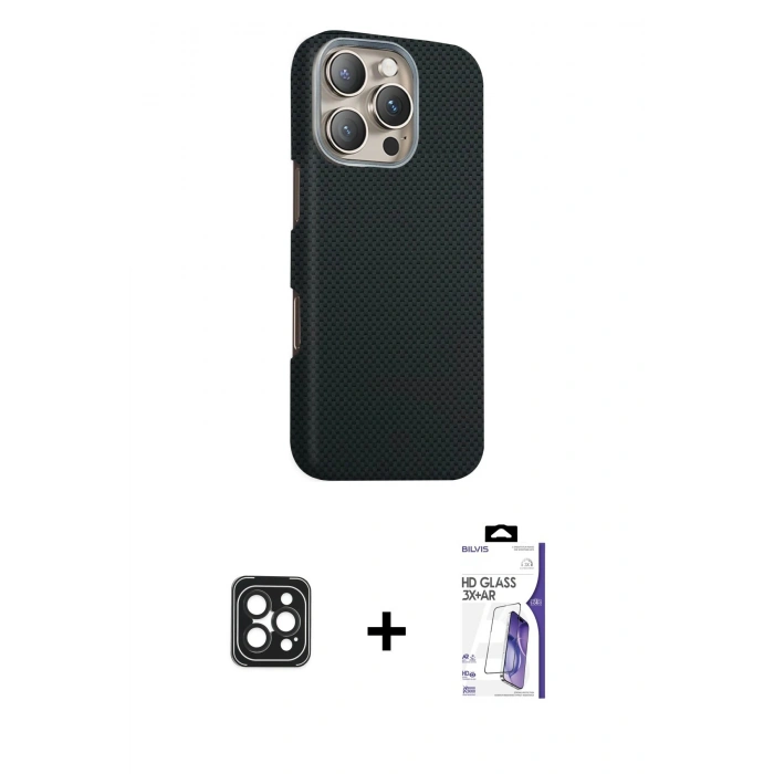 MARSİLYAN™- iPhone 16 Pro Max Kılıf Kozmos Klasik Prime - Siyah Bilvis 3X AR HD Cam Ekran Koruyucu + PVD Metal Kamera Lens - SH