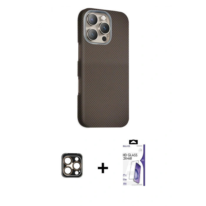 MARSİLYAN™- iPhone 16 Pro Max Kılıf Kozmos Klasik Prime - Siyah Bilvis 3X AR HD Cam Ekran Koruyucu + PVD Metal Kamera Lens - GD