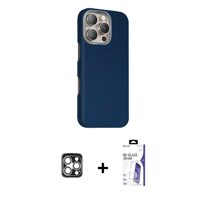 MARSİLYAN™- iPhone 16 Pro Max Kılıf Kozmos Klasik Prime - Siyah Bilvis 3X AR HD Cam Ekran Koruyucu + PVD Metal Kamera Lens - GS