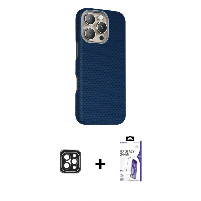 MARSİLYAN™- iPhone 16 Pro Max Kılıf Kozmos Klasik Prime - Siyah Bilvis 3X AR HD Cam Ekran Koruyucu + PVD Metal Kamera Lens - SH