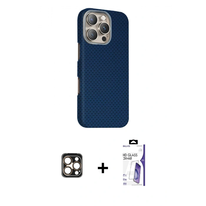 MARSİLYAN™- iPhone 16 Pro Max Kılıf Kozmos Klasik Prime - Siyah Bilvis 3X AR HD Cam Ekran Koruyucu + PVD Metal Kamera Lens - GD