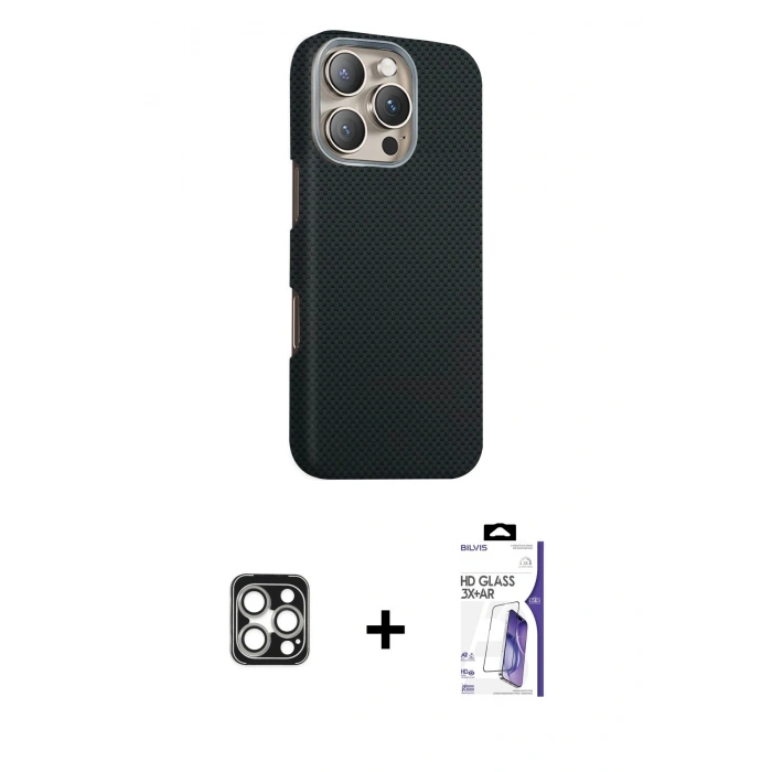 MARSİLYAN™- iPhone 16 Pro Max Kılıf Kozmos Klasik Prime - Siyah Bilvis 3X AR HD Cam Ekran Koruyucu + PVD Metal Kamera Lens - GS